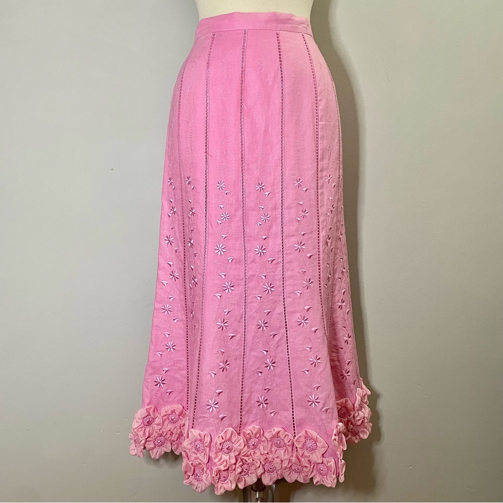 J Song Collection Linen Floral Embroidered Rosette Hem Maxi Skirt